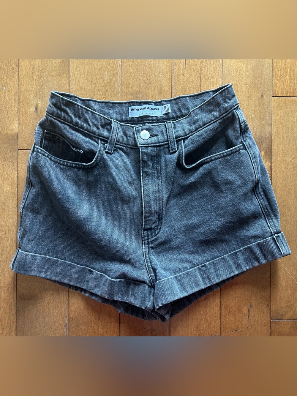 American Apparel Black Cuffed High-Rise Denim Shorts